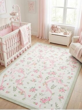 Green Pink Floral 5x7 Washable Area Rug